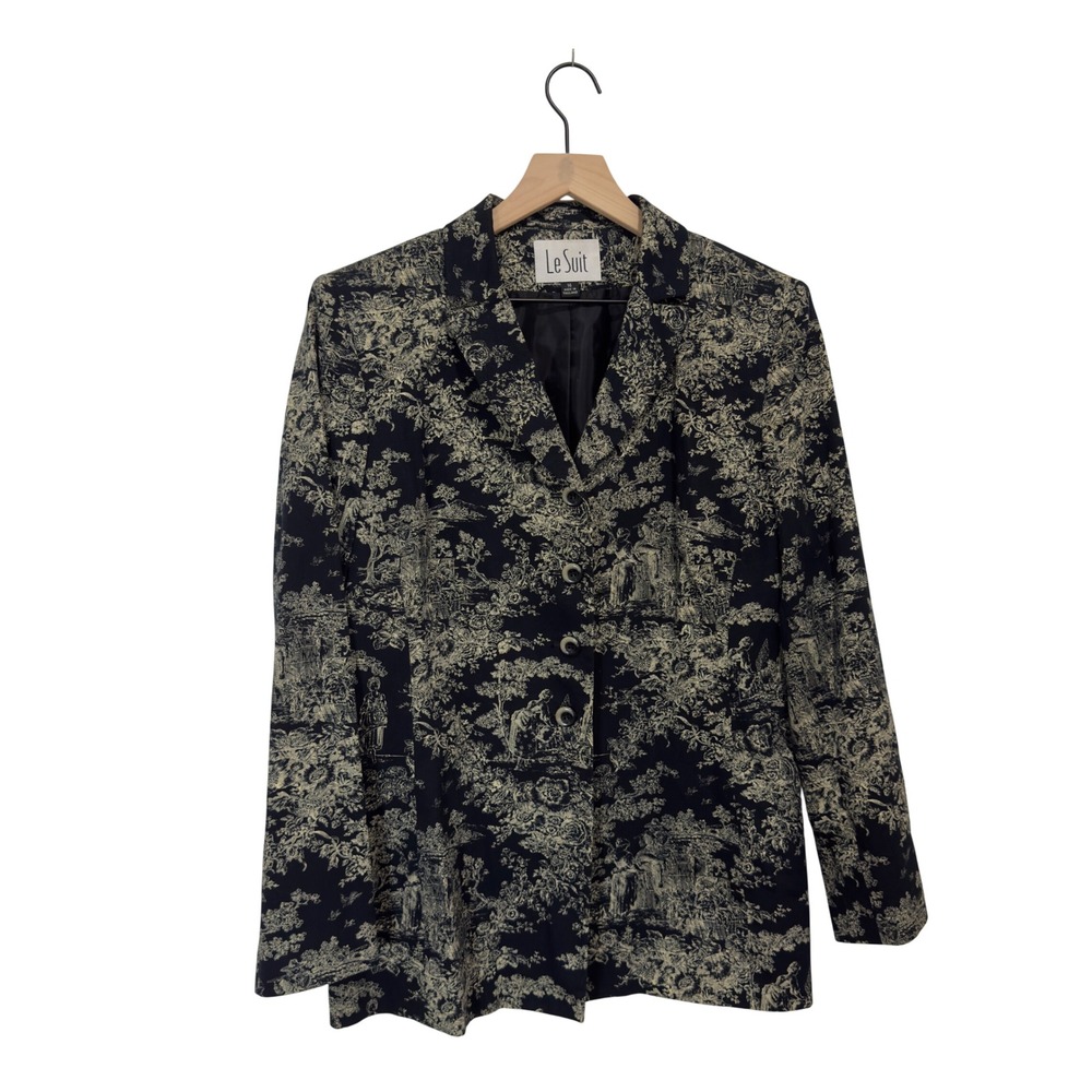 Le Suit Navy & Cream Toile de Jouy Cotton Blazer Jacket Women's Size 14